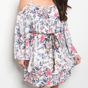 Floral Dress White Pink Belted Waist Tunic Dress